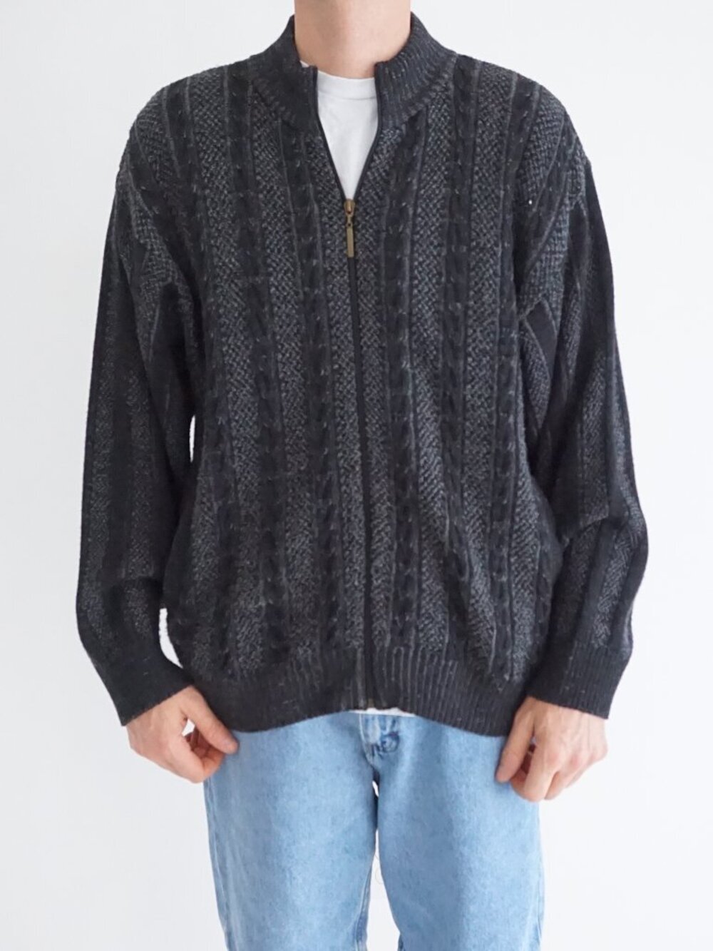 Vintage Cooper Grey Cable Knit Quarter Zip Merino Wool Sweater Canada Made XL